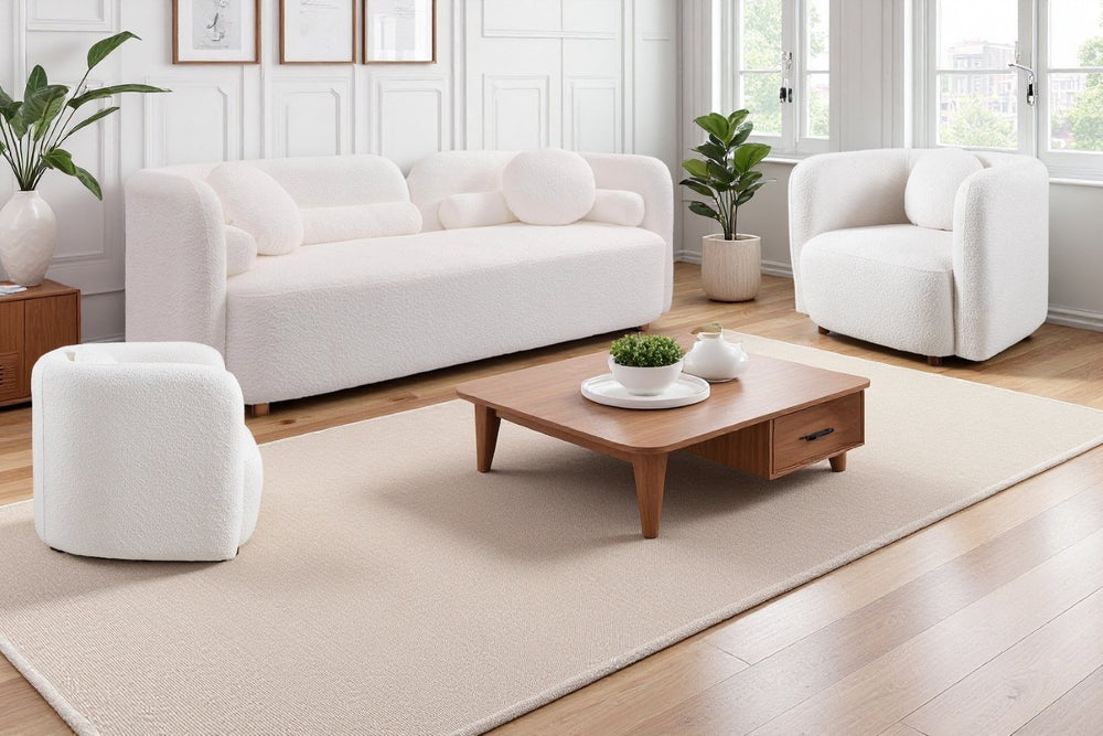 English Elm 2+1+1, Japandi Boucle Sofa Set Low Profile Cloud Cushions for Modern Living Room W2664S00128
