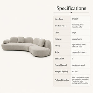English Elm Modern Boucle Crescent Sectional Sofa Five Seat Sculptural Curved Living Room Seating W2664S00133