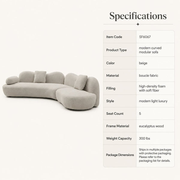 English Elm Modern Boucle Crescent Sectional Sofa Five Seat Sculptural Curved Living Room Seating W2664S00133