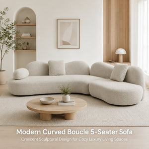 English Elm Modern Boucle Crescent Sectional Sofa Five Seat Sculptural Curved Living Room Seating W2664S00133