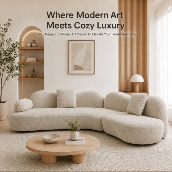 English Elm Modern Boucle Crescent Sectional Sofa Five Seat Sculptural Curved Living Room Seating W2664S00133