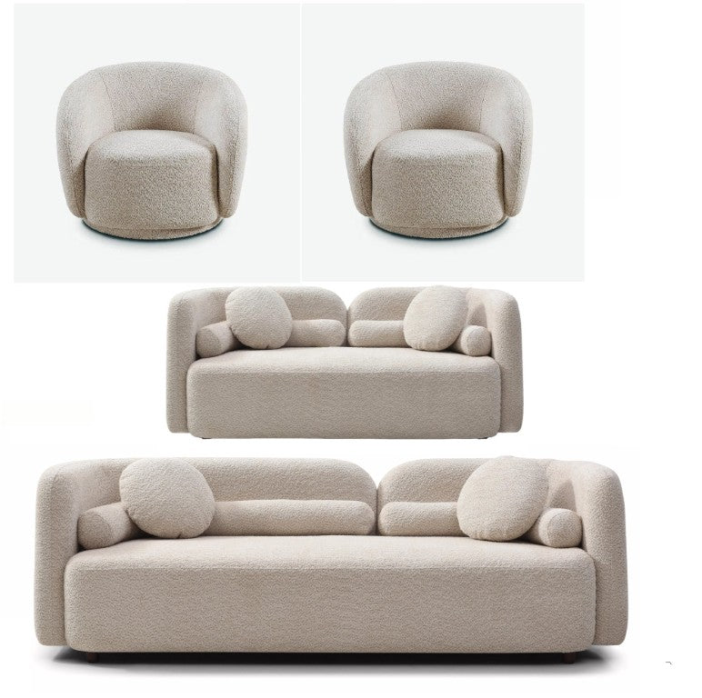 English Elm 4 Piece Boucle Living Room Sofa Set with Swivel Barrel Chairs Japandi Modern Style W2664S00140