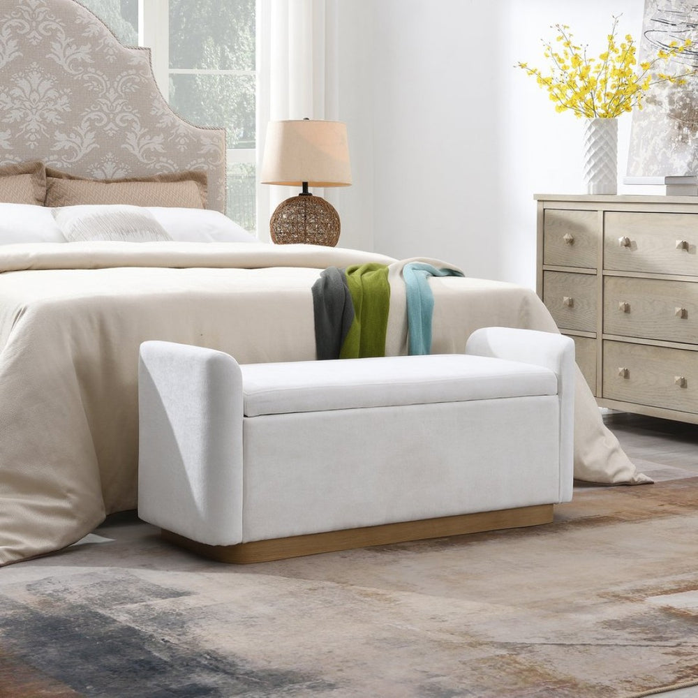 English Elm 49" Chenille Storage Bench with Gold Metal Legs Safety Hinge Pine Frame Entryway Seat Beige W2671P441835