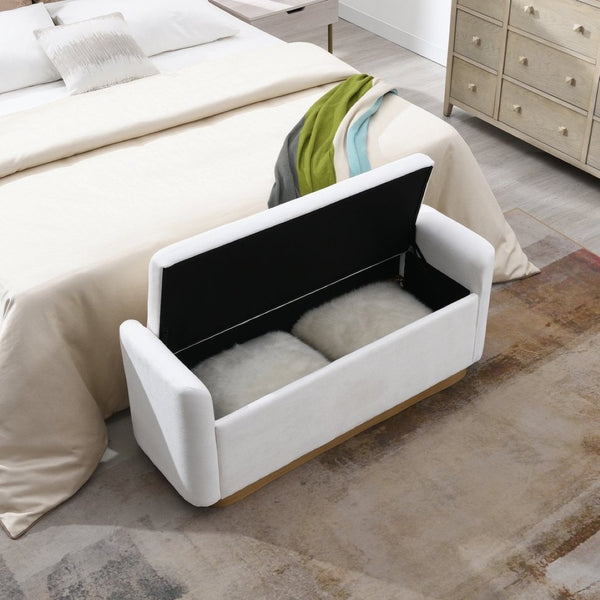 English Elm 49" Chenille Storage Bench with Gold Metal Legs Safety Hinge Pine Frame Entryway Seat Beige W2671P441835