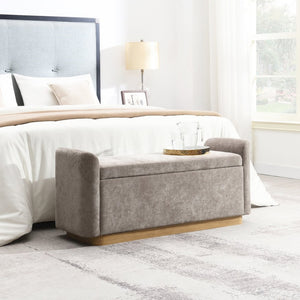 English Elm 49" Chenille Storage Bench with Gold Metal Legs Safety Hinge Pine Frame Entryway Seat Brown W2671P441836