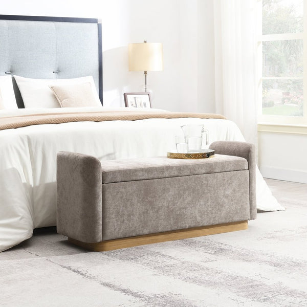 English Elm 49" Chenille Storage Bench with Gold Metal Legs Safety Hinge Pine Frame Entryway Seat Brown W2671P441836