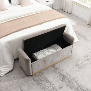 English Elm 49" Chenille Storage Bench with Gold Metal Legs Safety Hinge Pine Frame Entryway Seat Brown W2671P441836