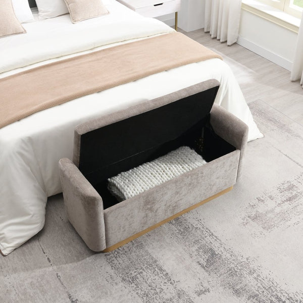 English Elm 49" Chenille Storage Bench with Gold Metal Legs Safety Hinge Pine Frame Entryway Seat Brown W2671P441836