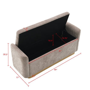 English Elm 49" Chenille Storage Bench with Gold Metal Legs Safety Hinge Pine Frame Entryway Seat Brown W2671P441836