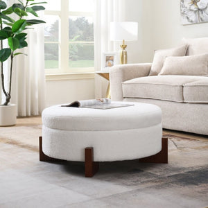 English Elm 33.00 Round Teddy Fabric Storage Ottoman Walnut Legs Hidden Compartment Living Room Cream W2671P491762