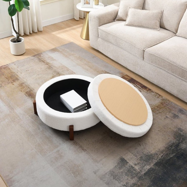 English Elm 33.00 Round Teddy Fabric Storage Ottoman Walnut Legs Hidden Compartment Living Room Cream W2671P491762