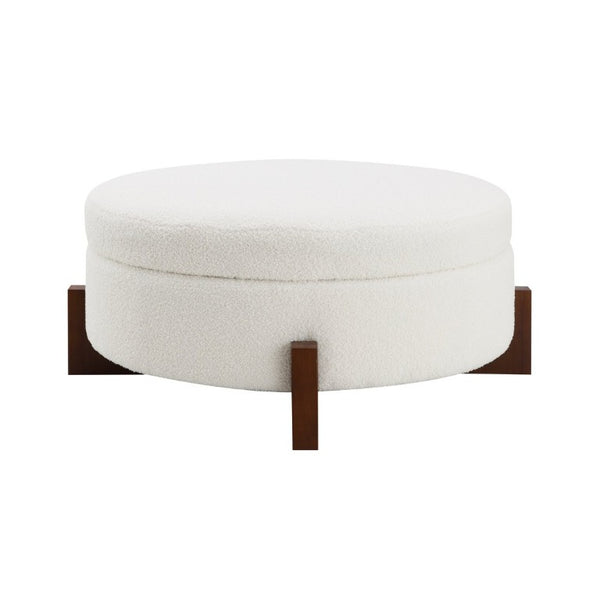 English Elm 33.00 Round Teddy Fabric Storage Ottoman Walnut Legs Hidden Compartment Living Room Cream W2671P491762