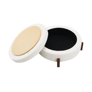 English Elm 33.00 Round Teddy Fabric Storage Ottoman Walnut Legs Hidden Compartment Living Room Cream W2671P491762