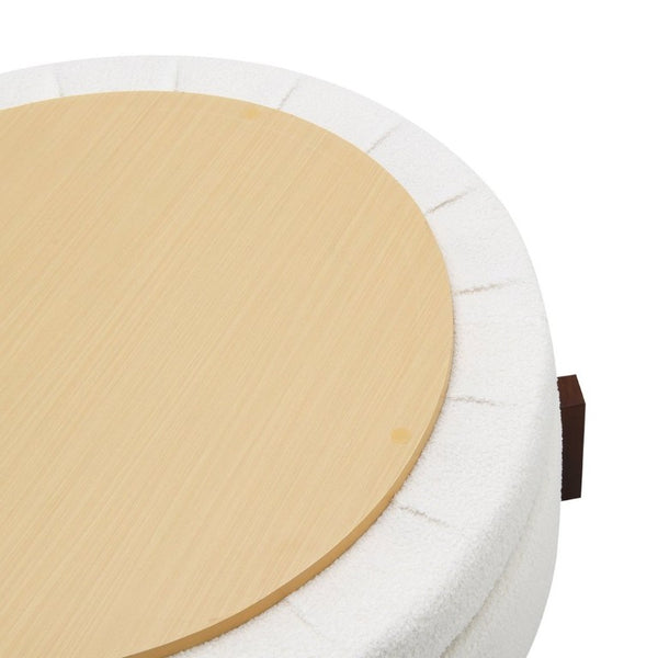 English Elm 33.00 Round Teddy Fabric Storage Ottoman Walnut Legs Hidden Compartment Living Room Cream W2671P491762