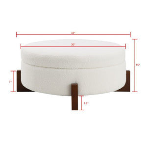 English Elm 33.00 Round Teddy Fabric Storage Ottoman Walnut Legs Hidden Compartment Living Room Cream W2671P491762
