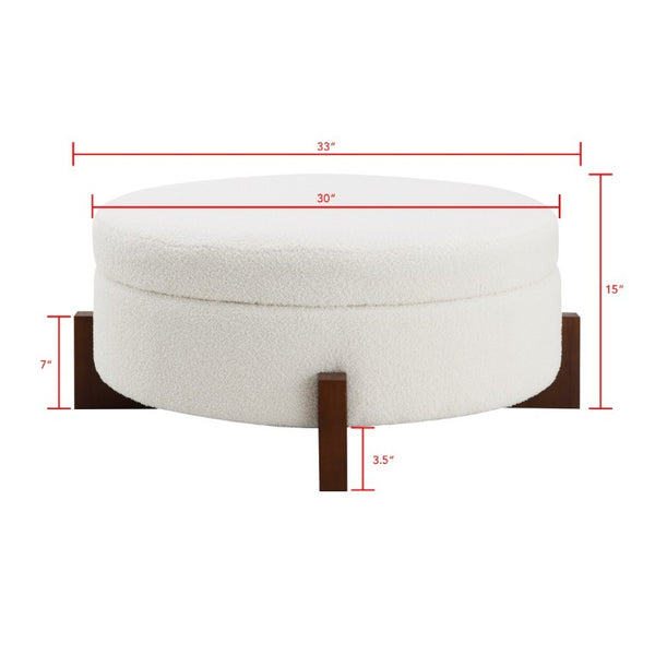 English Elm 33.00 Round Teddy Fabric Storage Ottoman Walnut Legs Hidden Compartment Living Room Cream W2671P491762