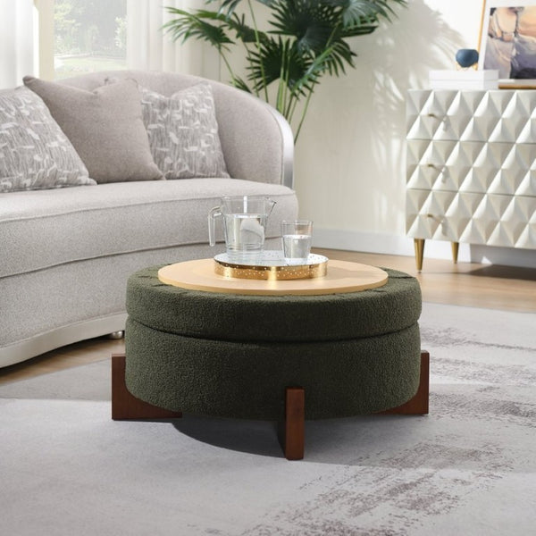English Elm 33.00 Round Teddy Fabric Storage Ottoman Walnut Legs Hidden Compartment Living Room Olive Green W2671P491763