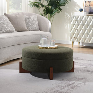English Elm 33.00 Round Teddy Fabric Storage Ottoman Walnut Legs Hidden Compartment Living Room Olive Green W2671P491763