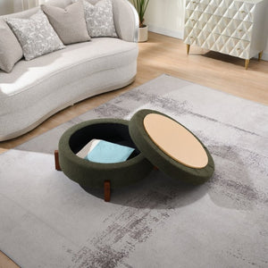 English Elm 33.00 Round Teddy Fabric Storage Ottoman Walnut Legs Hidden Compartment Living Room Olive Green W2671P491763