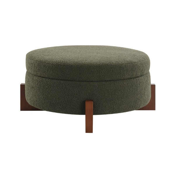 English Elm 33.00 Round Teddy Fabric Storage Ottoman Walnut Legs Hidden Compartment Living Room Olive Green W2671P491763