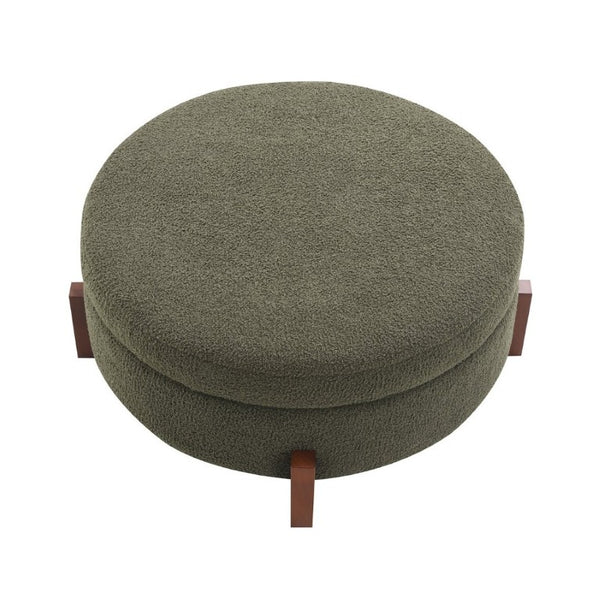 English Elm 33.00 Round Teddy Fabric Storage Ottoman Walnut Legs Hidden Compartment Living Room Olive Green W2671P491763