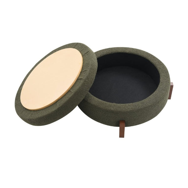 English Elm 33.00 Round Teddy Fabric Storage Ottoman Walnut Legs Hidden Compartment Living Room Olive Green W2671P491763