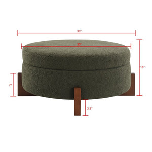 English Elm 33.00 Round Teddy Fabric Storage Ottoman Walnut Legs Hidden Compartment Living Room Olive Green W2671P491763