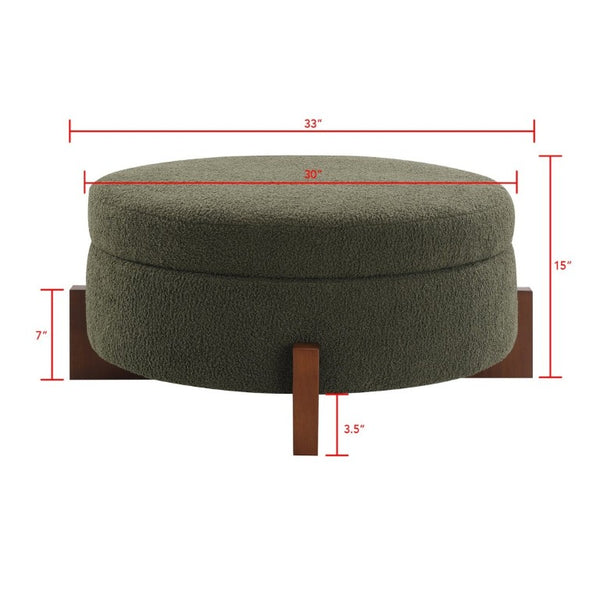 English Elm 33.00 Round Teddy Fabric Storage Ottoman Walnut Legs Hidden Compartment Living Room Olive Green W2671P491763