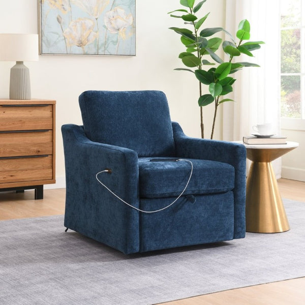 English Elm Swivel Accent Chair Plush Chenille Upholstery with USB Charging and Under Seat Storage Navy Blue W2671P537937