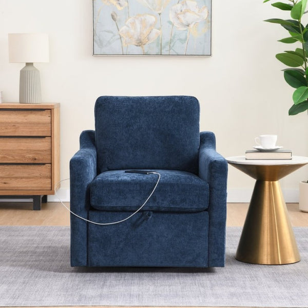 English Elm Swivel Accent Chair Plush Chenille Upholstery with USB Charging and Under Seat Storage Navy Blue W2671P537937