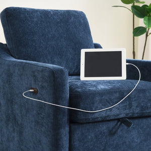 English Elm Swivel Accent Chair Plush Chenille Upholstery with USB Charging and Under Seat Storage Navy Blue W2671P537937