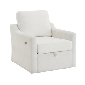 English Elm Swivel Accent Chair Plush Chenille Upholstery with USB Charging and Under Seat Storage White W2671P537938