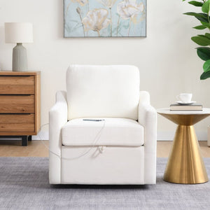 English Elm Swivel Accent Chair Plush Chenille Upholstery with USB Charging and Under Seat Storage White W2671P537938