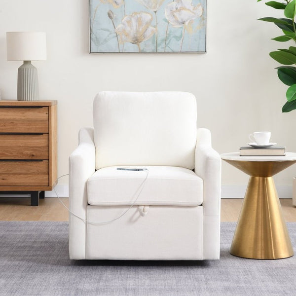 English Elm Swivel Accent Chair Plush Chenille Upholstery with USB Charging and Under Seat Storage White W2671P537938