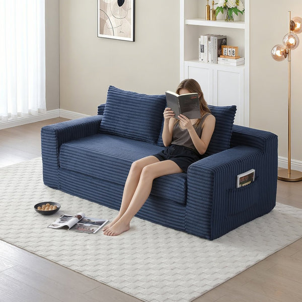 English Elm Memory Foam Corduroy Loveseat Folds Flat for Sleeping Frameless Floor Couch Blue W2677P518907