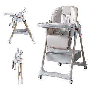 English Elm Adjustable Baby High Chair Foldable Toddler Feeding Seat with Steel Frame Safety Harness White W2699P299042