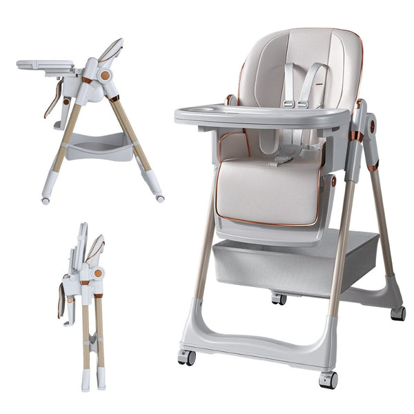 English Elm Adjustable Baby High Chair Foldable Toddler Feeding Seat with Steel Frame Safety Harness White W2699P299042