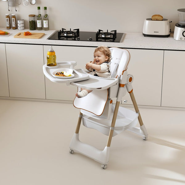 English Elm Adjustable Baby High Chair Foldable Toddler Feeding Seat with Steel Frame Safety Harness White W2699P299042