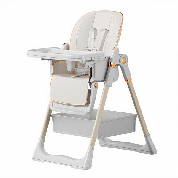 English Elm Adjustable Baby High Chair Foldable Toddler Feeding Seat with Steel Frame Safety Harness White W2699P299042