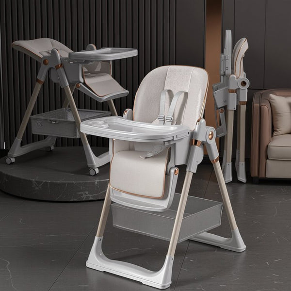 English Elm Adjustable Baby High Chair Foldable Toddler Feeding Seat with Steel Frame Safety Harness White W2699P299042