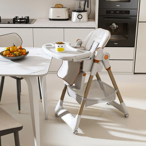 English Elm Adjustable Baby High Chair Foldable Toddler Feeding Seat with Steel Frame Safety Harness White W2699P299042