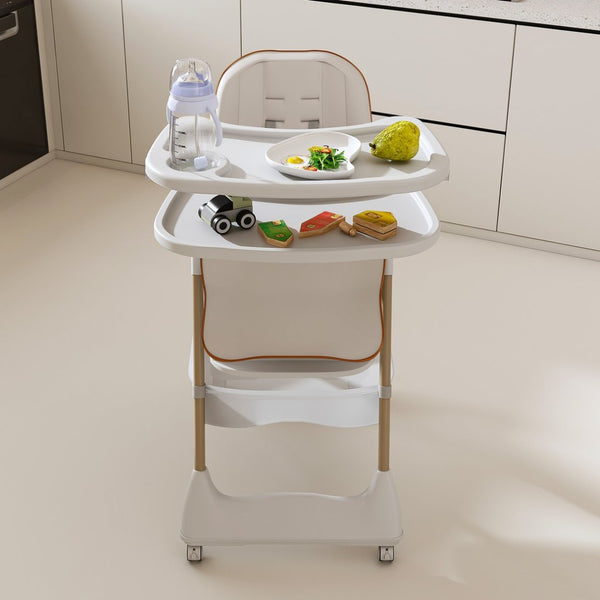 English Elm Adjustable Baby High Chair Foldable Toddler Feeding Seat with Steel Frame Safety Harness White W2699P299042