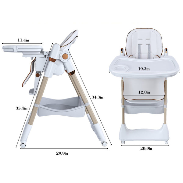English Elm Adjustable Baby High Chair Foldable Toddler Feeding Seat with Steel Frame Safety Harness White W2699P299042