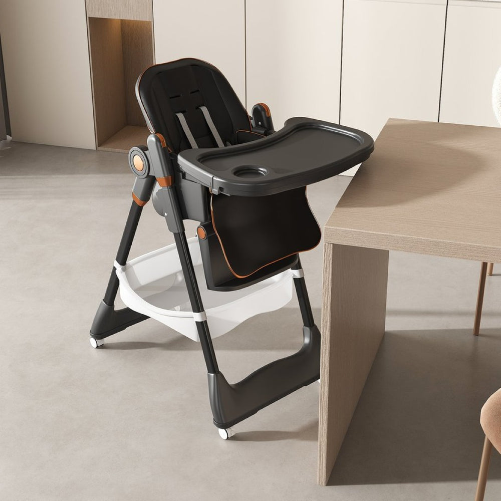 English Elm Adjustable Baby High Chair Foldable Toddler Feeding Seat with Steel Frame Safety Harness Black W2699P299043