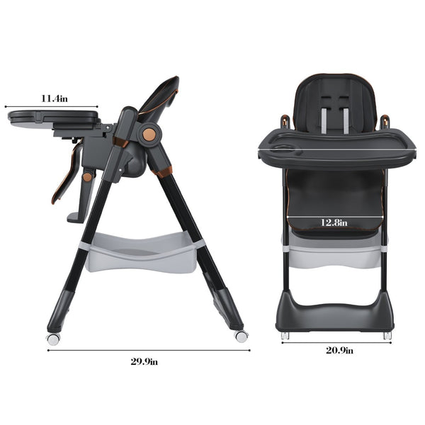 English Elm Adjustable Baby High Chair Foldable Toddler Feeding Seat with Steel Frame Safety Harness Black W2699P299043