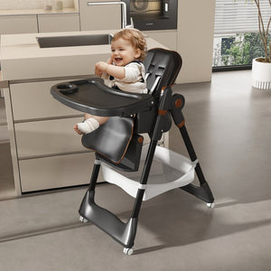 English Elm Adjustable Baby High Chair Foldable Toddler Feeding Seat with Steel Frame Safety Harness Black W2699P299043