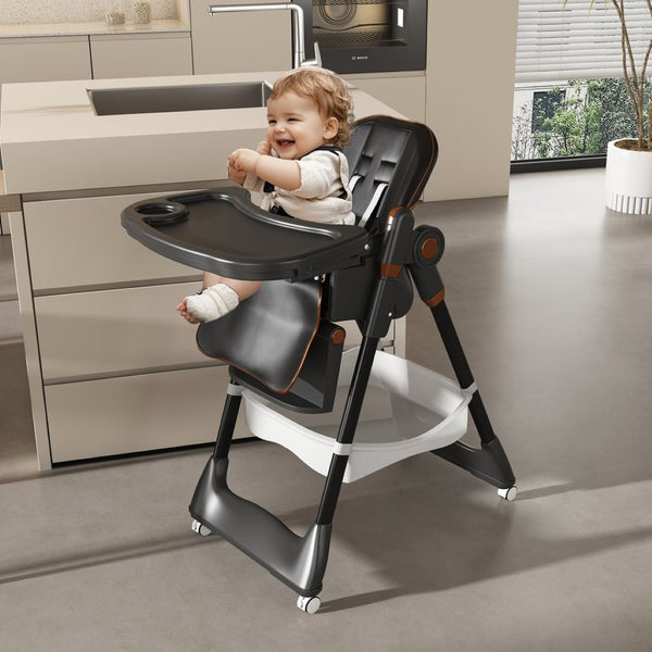 English Elm Adjustable Baby High Chair Foldable Toddler Feeding Seat with Steel Frame Safety Harness Black W2699P299043