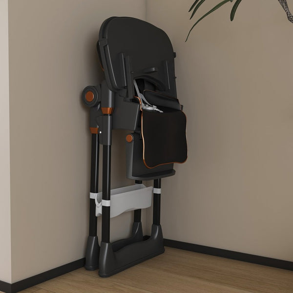 English Elm Adjustable Baby High Chair Foldable Toddler Feeding Seat with Steel Frame Safety Harness Black W2699P299043