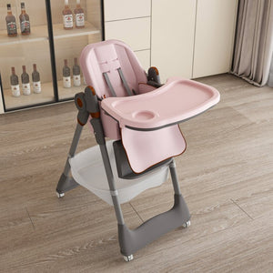 English Elm Adjustable Baby High Chair Foldable Toddler Feeding Seat with Steel Frame Safety Harness Pink W2699P299044