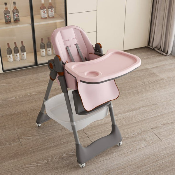 English Elm Adjustable Baby High Chair Foldable Toddler Feeding Seat with Steel Frame Safety Harness Pink W2699P299044